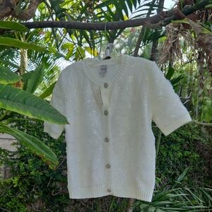 Anthropologie Maeve Short-Sleeve Floral Embellished Cardigan Sweater